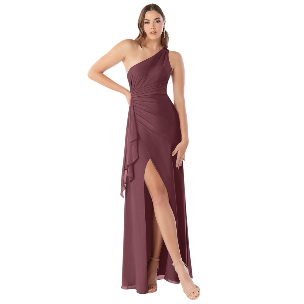 Azazie Maive One Shoulder Sangria Chiffon Dress Size 4
